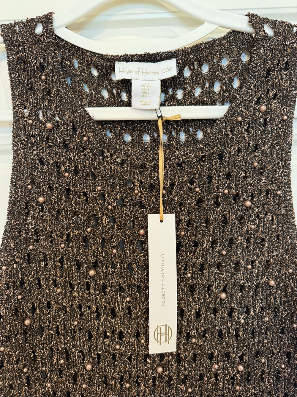 House of Harlow 1960 Bronze Metallic Crochet swim cover up with Pearl Details